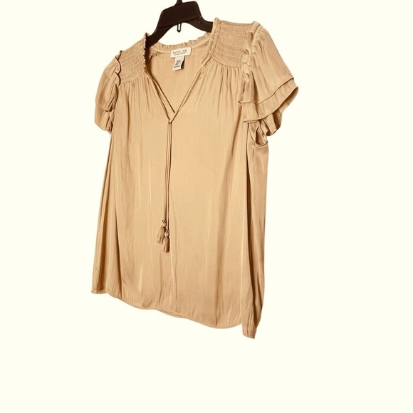 Rachel Zoe Blouse Womens M Tan Ruffle Pleated Tassel Boho Neutral Flowy Career - Picture 5 of 10